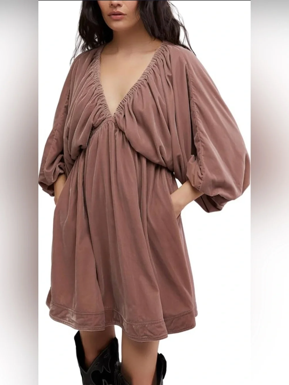 Free People Velvet Deep V-Neck Balloon Sleeve Blouse Mauve Size M